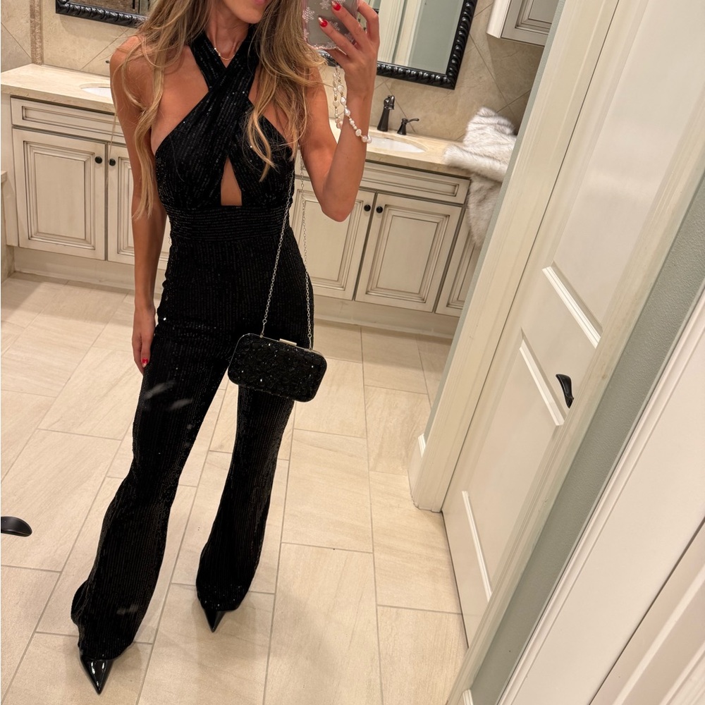 Elegant Black Sequin Halter Jumpsuit